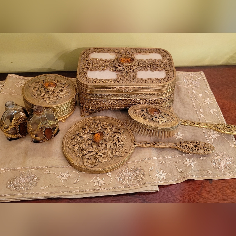 Mid-Century Ormolu-Style Italian Vanity Set 7 Pieces